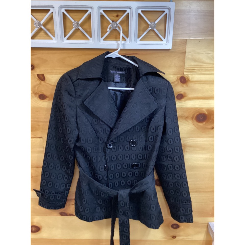 Elena Solano Black Textured Geometric Double Breasted Belted Trench Jacket Small